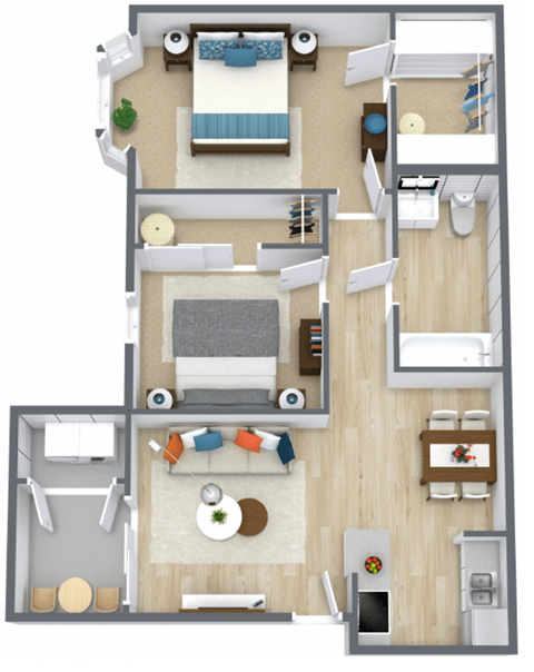 Floor plan for 2 beds, 1 bath, 880 sqft